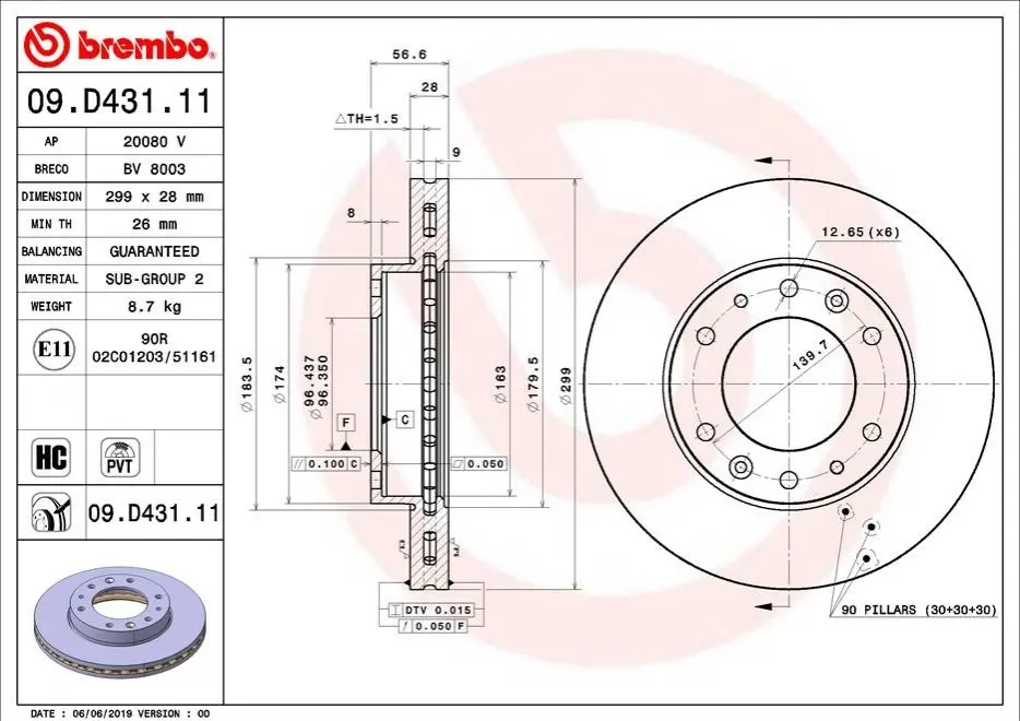 Гальмівний диск BREMBO 09D43111 (фото 1)