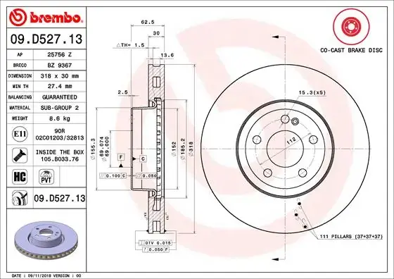 Гальмівний диск BREMBO 09.D527.13 (фото 1)