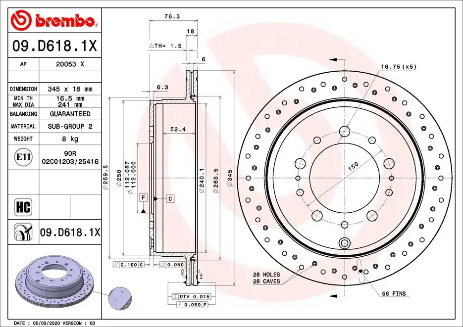 Гальмівний диск задній BREMBO 09.D618.1X (фото 1)