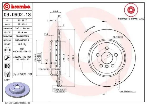 Гальмівний диск двосекційний BREMBO 09D90213 (фото 1)