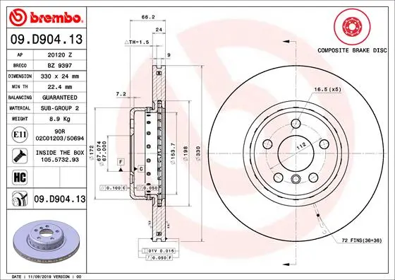 Гальмівний диск BREMBO 09D90413 (фото 1)