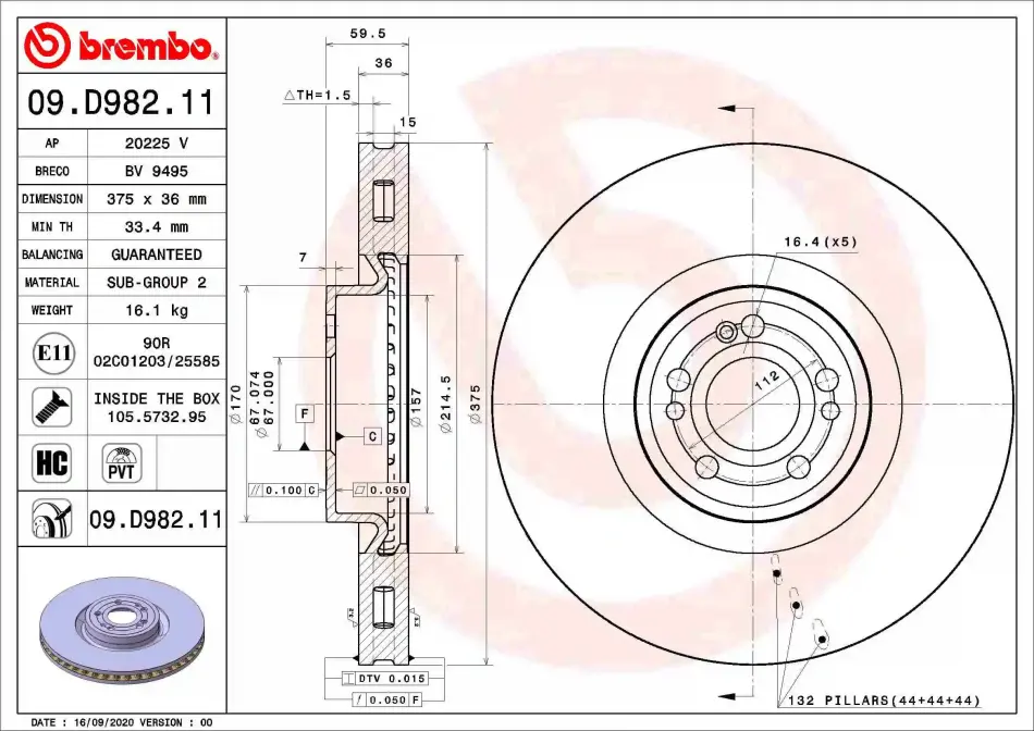 Диск гальмівний BREMBO 09.D982.11 (фото 1)