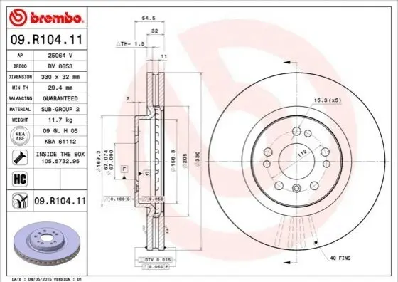 Гальмівний диск вентильований BREMBO 09.R104.11 (фото 1)