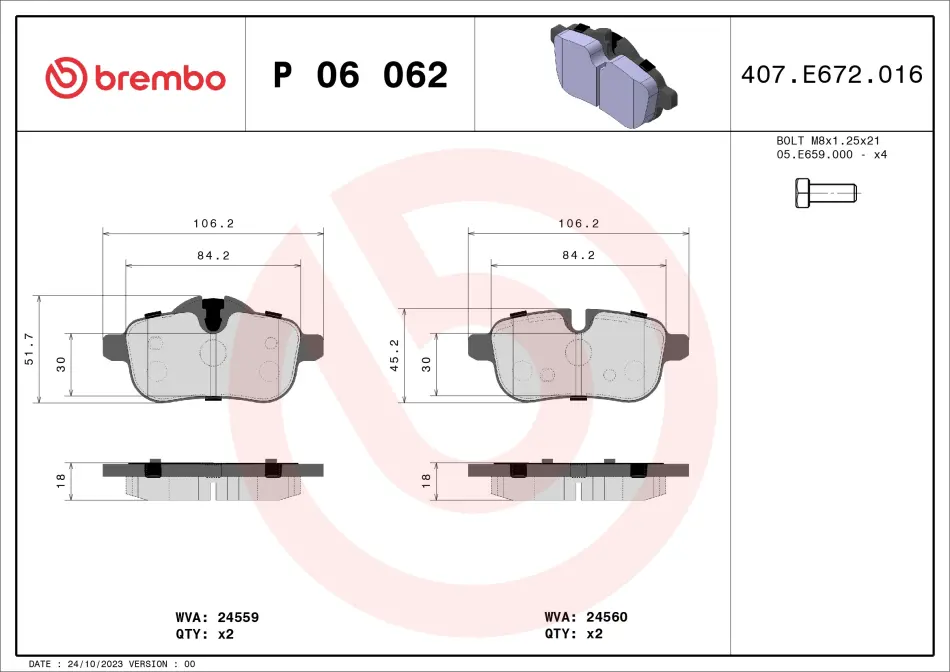 Комплект тормозных колодок, дисковый тормоз BREMBO P 06 062 (фото 1)