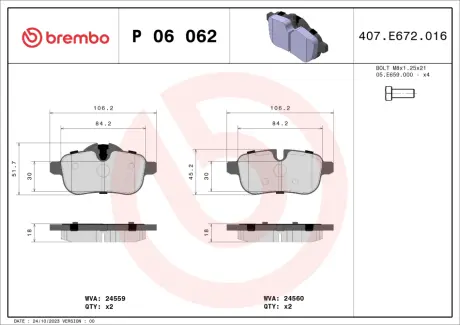 Комплект тормозных колодок, дисковый тормоз BREMBO P 06 062