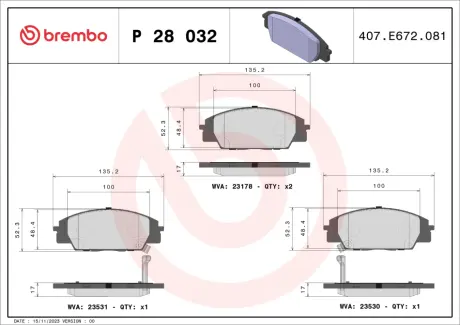 Гальмівні колодки дискові BREMBO P28032
