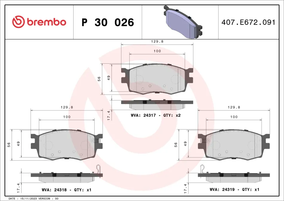 Колодка торм. диск. HYUNDAI ACCENT, KIA RIO II передн. (пр-во) BREMBO P30026 (фото 1)