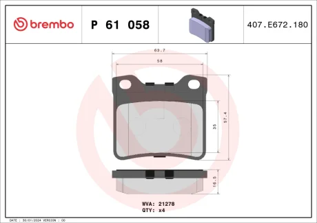Гальмівні колодки дискові BREMBO P61058