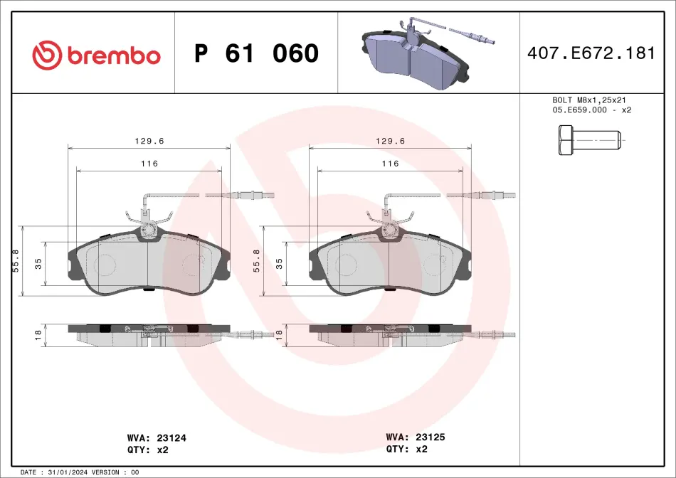 Гальмівні колодки дискові BREMBO P61 060 (фото 1)