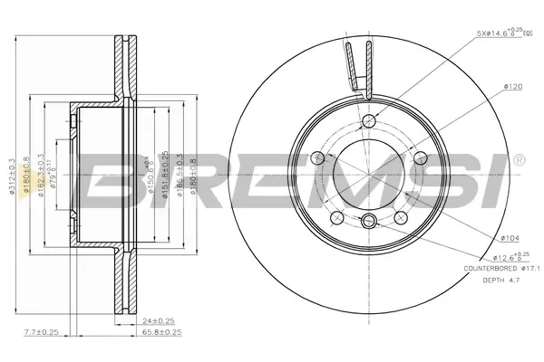 Гальмівний диск перед. BMW 1 (F20/F21)/3 (E90/F30/F80)/X1 (E84) 04- (312x24) BREMSI CD7717V (фото 1)