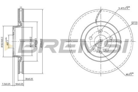 Гальмівний диск пер. AUDI A4 (B9)/A6 (C8)/Q5 15- (338x30) BREMSI CD8597V