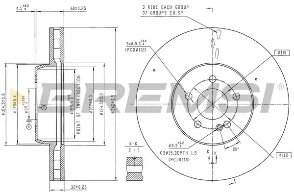 Гальмівний диск перед. MB E-class (W213)/GLC (X253/C253) 2.0-2.2 15-23 (342x32mm) BREMSI CD8713V (фото 1)
