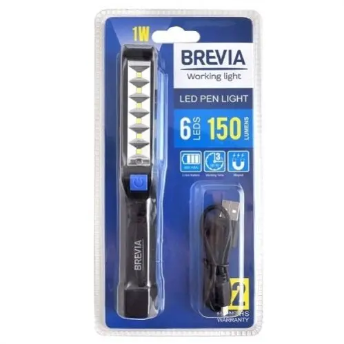 Фонарик инспекционный LED Pen Light 6SMD+1W LED, 150lm, 900mAh, microUSB, блистер Brevia BREVIA 11210 (фото 1)
