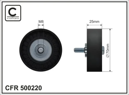 Ролик проміжний поліклинового ремня Ford C-Max II/Fiesta VI/Focus III/Galaxy/Kuga II/Mondeo IV/V/S-Max, Volvo S60 II/S80 II/V40/V60 I/V70 III 1.5/1.6/1.6ALK 04.10- 70x8x25 CAFFARO 500220