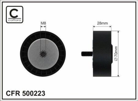 Ролик проміжний поліклинового ремня Chrysler Sebring, Dodge Avenger/Caliber/Journey, Jeep Compass/Patriot, Mitsubishi Grandis/Lancer VIII/Outlander II 2.0D 09.05- 70x8x28 CAFFARO 500223