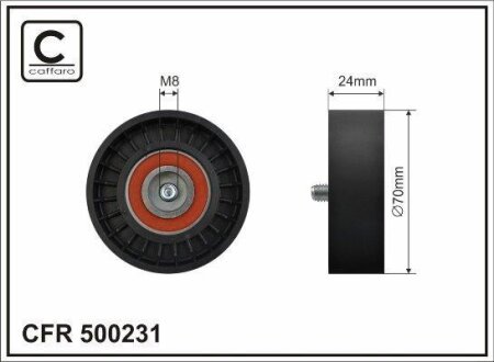 Ролик натяжного механізму поліклинового ремня Chrysler Sebring, Dodge Avenger/Caliber/Journey, Jeep Compass/Patriot, Mitsubishi Grandis/Lancer VIII/Outlander II 2.0D 09.05- 70x8x24 CAFFARO 500231