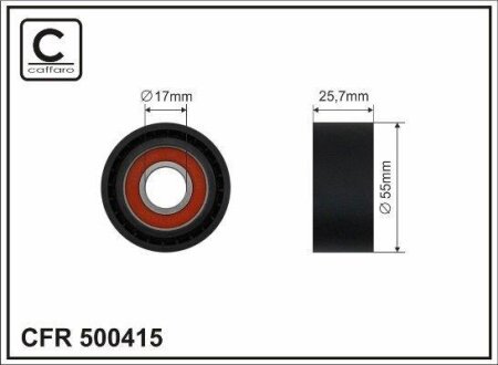 Ролик натяжного механізму поліклинового ремня BMW 1 F20/F21/5 G30/F90/6 Gran Turismo G32/7 G1/G12/8 G14/F91/G15/F92/8 Gran Coupe G16/F93/X3 G01/F97/X4 G02 1.5D-3.0D 07.11- 55x17x25,7 CAFFARO 500415