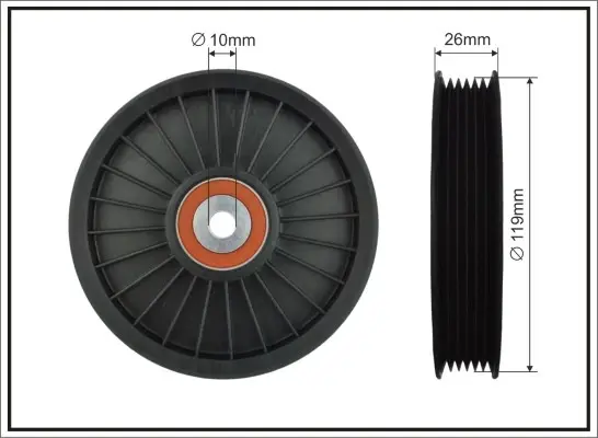 Ролик проміжний поліклинового ремня Nissan Interstar, Opel Astra J/J GTC/K, Volvo C70 I/S40 I/60 I/70/80 I/V40/70 I/70 II/XC70/XC90 I 1.6-3.0D 07.95- 119x10x22,5 CAFFARO 8926 (фото 1)