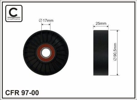 Ролик проміжний поліклинового ремня Buick Century/Regal/Skylark, Chevrolet Beretta/Cavalier/Lumina, Chrysler Sebring, Dodge Stratus, Ford F-250/Taurus, Pontiac Bonneville 2.7-7.5 10.87- 90x17x25 CAFFARO 9700