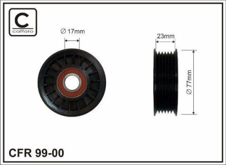 Ролик проміжний поліклинового ремня Buick Park Avenue, Cadillac CTS, Chevrolet Beretta/Camaro/Cavalier/Equinox/Impala, Dodge Nitro, Ford Mustang/Windstar 2.8-5.7 01.88-12.12 77x17x23 CAFFARO 9900