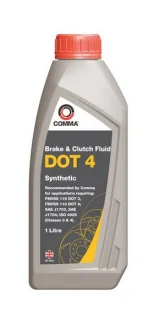 Гальмівна рідина DOT4 (1L) [сухість: 270°C, вологість: 160°C, в\'язкість: 1350мм²/с] SAE J1703, ISO/DIN 4925 COMMA DOT 4 SYNT. 1L