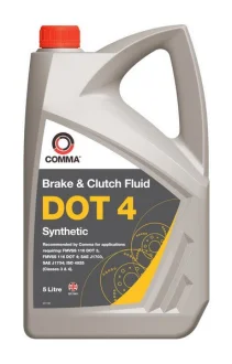 Гальмівна рідина DOT4 (5L) [сухість: 270°C, вологість: 160°C, в\'язкість: 1350мм²/с] SAE J1703, ISO/DIN 4925 COMMA DOT 4 SYNT. 5L
