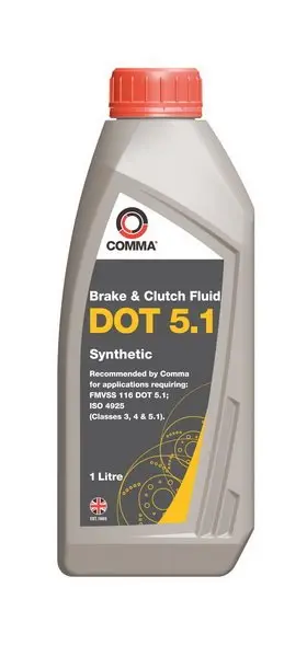 Гальмівна рідина DOT5.1 (1L) [сухість: 275°C, вологість: 183°C, в\'язкість: 850мм²/с] SAE J1703, ISO/DIN 4925 COMMA DOT 5.1 SYNT.1L (фото 1)