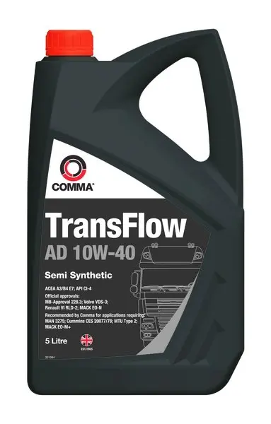 Моторна олива TRANSFLOW (5L) 10W40 API CI-4 SL ACEA A3 B4 E7 CUMMINS 20077 CUMMINS 20078 MACK EO-M PLUS MAN 3275 MB 228.3 MB 229.1 RENAULT RLD-2 VOLVO VDS-3 COMMA TRANSFLOW AD 10W40 5L (фото 1)
