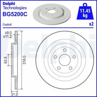 DELPHI FORD USA Гальмівний диск задній MUSTANG MACH-E Electric 20- Delphi BG5200C