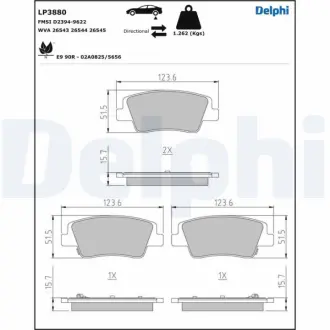 Комплект гальмівних колодок задн, HYUNDAI IONIQ 5, IONIQ 6, KONA, STARIA KIA EV6, EV9 1.0H/2.2D/Electric 01.21- Delphi LP3880