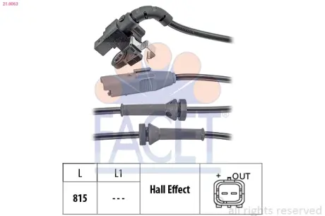 Датчик ABS Citroen C4, C4 I, C4 II, DS4/Pеugeot 307, 308 04- задній Л/Пр (21.006 FACET 21.0063