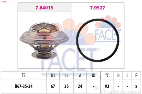 Термостат Audi A4, A6, A8/Skoda SUPERB; VW Passat 1.6-4.2i 96-08 (92 C) FACET 7.8401 (фото 1)