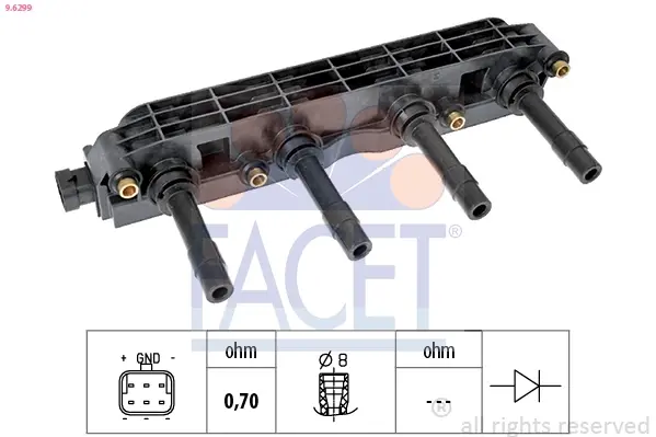 Катушка зажигания Astra G/Combo/Vectra B/C /Zafira A 1.6 95- FACET 9.6299 (фото 1)