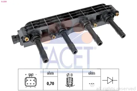 Катушка зажигания Astra G/Combo/Vectra B/C /Zafira A 1.6 95- FACET 9.6299