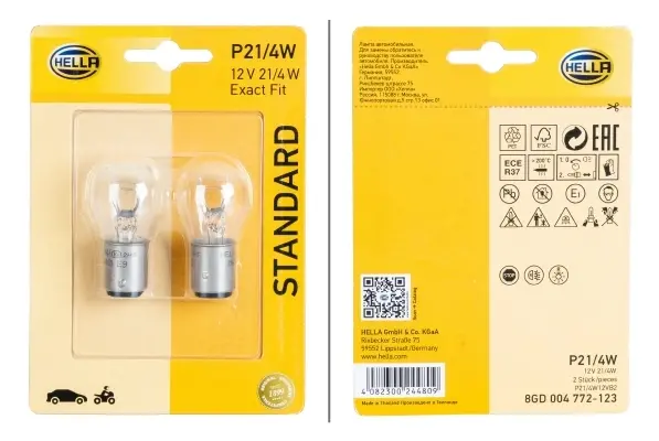 Лампа розжарювання, P21/4W 12V 21/4W (блістер 2шт) HELLA 8GD004772123 (фото 1)