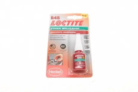 Фіксатор вал-втулка Loctite 648 анаеробний, високої міцності, зазор до 0,15 мм, до 175°С 5мл Loctite 648 (Локтайт 648) - фіксатор високої міцності для з\'єднання деталей, що працюють при підвищених температурах з проміжком або натягом, фіксація втуло Henkel/Loctite 1804041