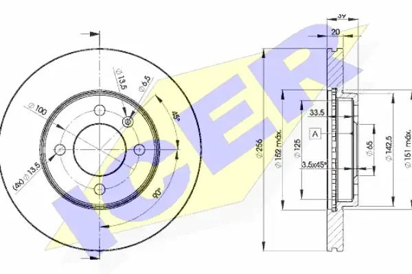 Диск гальмівний (передній) Seat Ibiza/VW Caddy/Polo 93-04/Golf/Passat 87-02 (256x20) (з покр.) (вент) ICER 78BD3790-2 (фото 1)