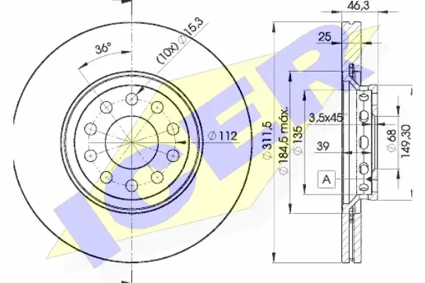 Диск гальмівний (передній) Audi A4/A6/VW Passat 00-09 (312х25) (вент.) ICER 78BD4065-2 (фото 1)