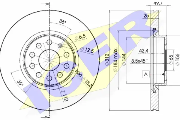 Диск гальмівний (передній) Audi A3/Skoda Octavia/SuperB/VW Passat B6/B8 03- (312x25) (з покр.)(вент.) ICER 78BD5618-2 (фото 1)