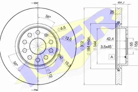 Диск гальмівний (передній) Audi A3/Skoda Octavia/SuperB/VW Passat B6/B8 03- (312x25) (з покр.)(вент.) ICER 78BD5618-2