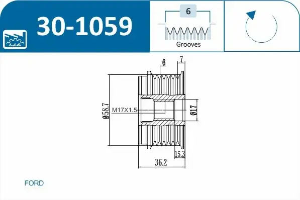Шків генератора Ford Connect 1.8 TDCi 02-13 (6PK) IJS GROUP 30-1059 (фото 1)