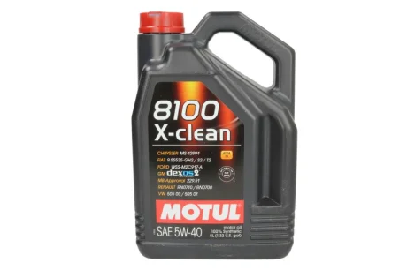 Моторна олива 8100 (5L) 5W40 BMW LL-04 model up to END 2018 CHRYSLER MS-12991 DEXOS 2 FIAT 9.55535 GH2 FIAT 9.55535 S2 FIAT 9.55535 T2 FORD M2C917 A HONDA HYUNDAI KIA MB 229.51 MITSUBISHI MOTUL 8100 X-CLEAN 5W40 C3 5L