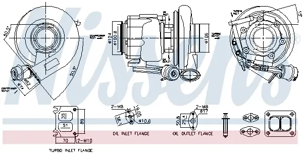 Турбокомпресор (із монтажним набором) RVI VOLVO FH FM T DTi13 MD13 EURO 6 VOLVO FH, FH II, FH III, FM II, FM III, FMX II, FMX III D13A380-G13C500 09.05- NISSENS 93717 (фото 1)
