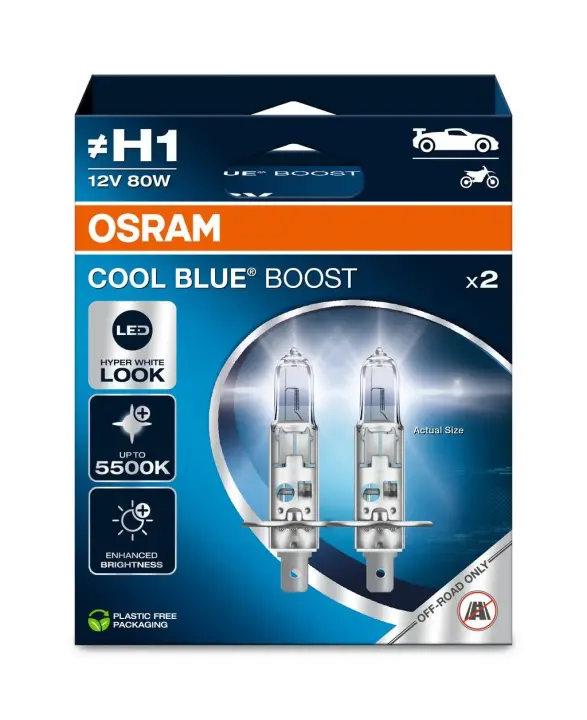 Лампочка H1 Cool Blue Boost (набір, 2 шт, 12В, синя, 80Вт, тип гнізда: P14,5S без гомологічного сертифікату) OSRAM 62150CBB-2HB (фото 1)