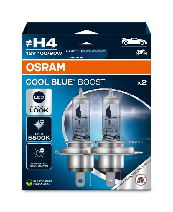Лампочка H4 Cool Blue Boost (набір, 2 шт, 12В, синя, 90/100Вт, тип гнізда: P43T без гомологічного сертифікату) OSRAM 62193CBB-2HB (фото 1)