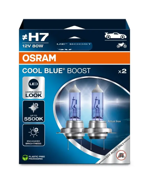 Лампочка H7 Cool Blue Boost (набір, 2 шт, 12В, синя, 80Вт, тип гнізда: PX26D без гомологічного сертифікату) OSRAM 62210CBB-2HB (фото 1)