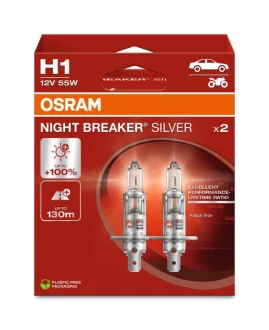 Лампа фарна H1 12V 55W P14,5s NIGHT BREAKER SILVER (+100) компл 64150NBS-HCB знятий з виробництва, заміна на на залишках може бути 64150NBS-HCB OSRAM 64150NBS-2HB