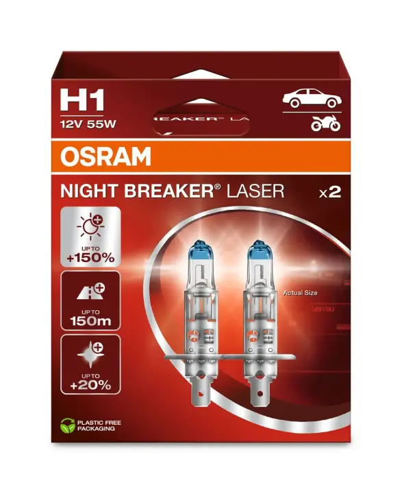 Лампа фарна H1 12V 55W P14,5s NIGHT BREAKER LASER next generation (+150) компл. 64150NL-HCB знятий з виробництва, заміна на На залишках може бути 64150NL-HCB OSRAM 64150NL-2HB (фото 1)