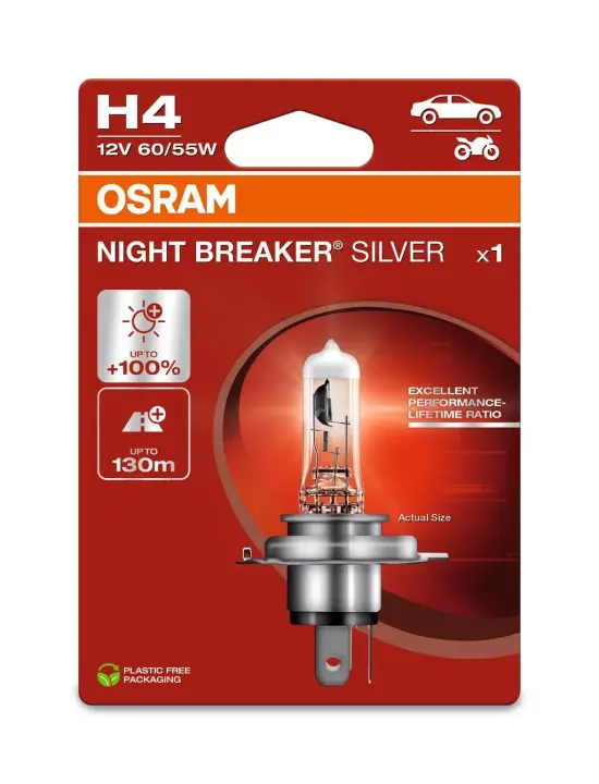 Лампочка H4 Night Breaker Silver (упаковка-блістер, 1 шт, 12В, 60/55Вт, тип гнізда: P43T до 100% більшої яскравості (EN) up to 130m light beam) OSRAM 64193NBS-1BL (фото 1)
