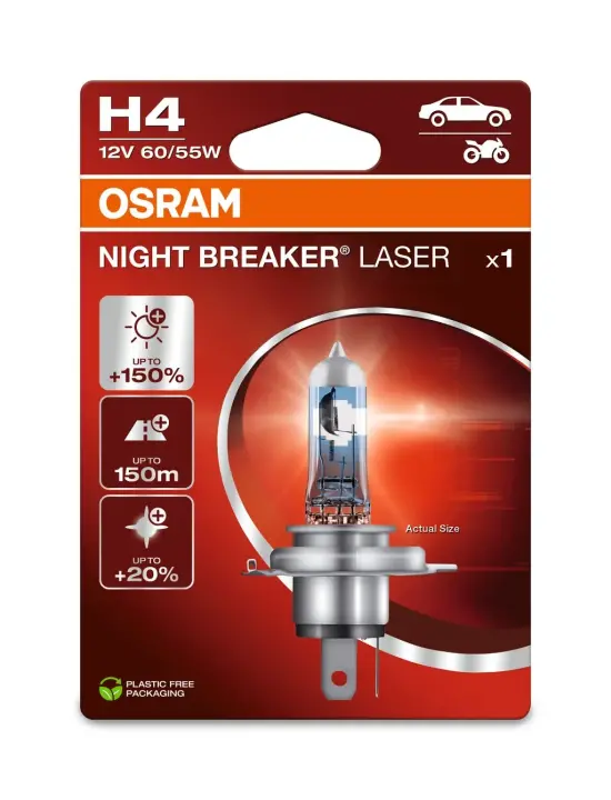 Лампочка H4 Night Breaker Laser (упаковка-блістер, 1 шт, 12В, Білий, 60/55Вт, тип гнізда: P43T (EN) up to 150% greater brightness (EN) up to 150m light beam (EN) up to 20% whiter light) OSRAM 64193NL-1BL (фото 1)